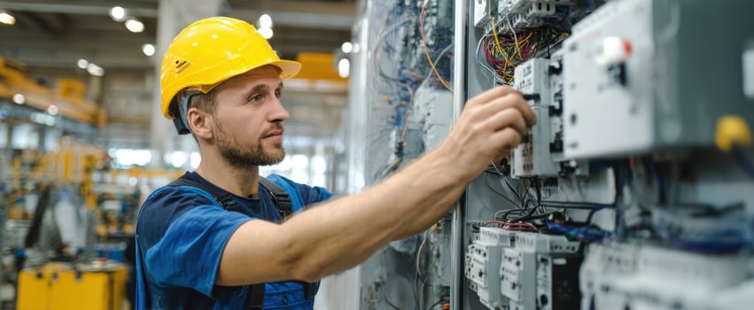 The electrician working diligently on electrical control panels in a factory setting. photo
