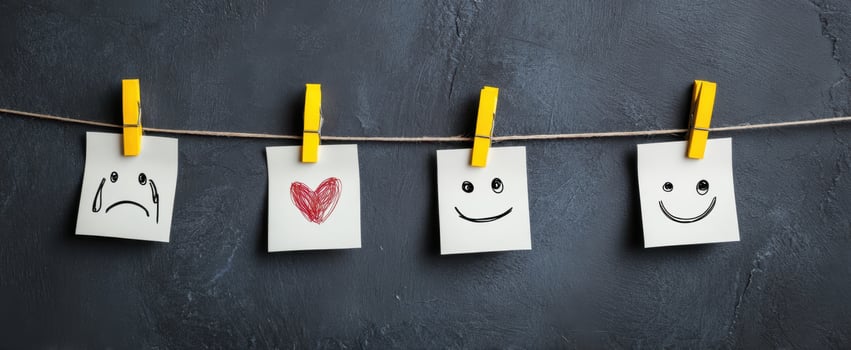 The collection of emotive notes showcasing feelings on a rope. photo