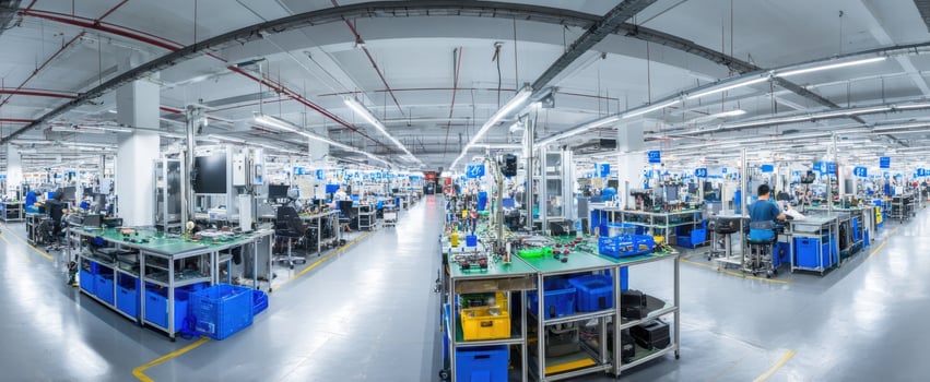 The modern manufacturing factory with advanced technology and organized workstations photo