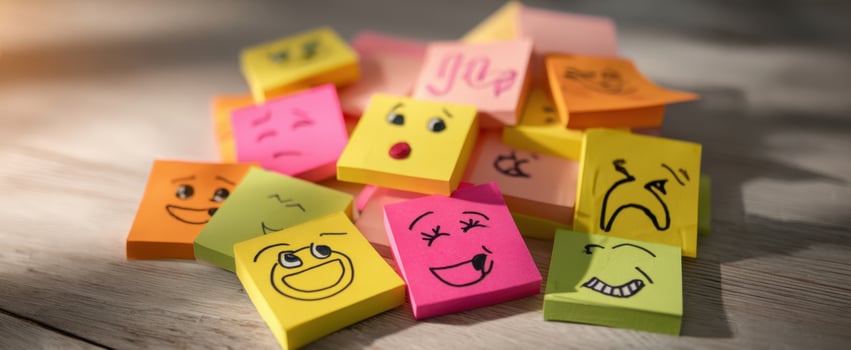 The colorful sticky notes featuring playful expressions in a bright setting. photo