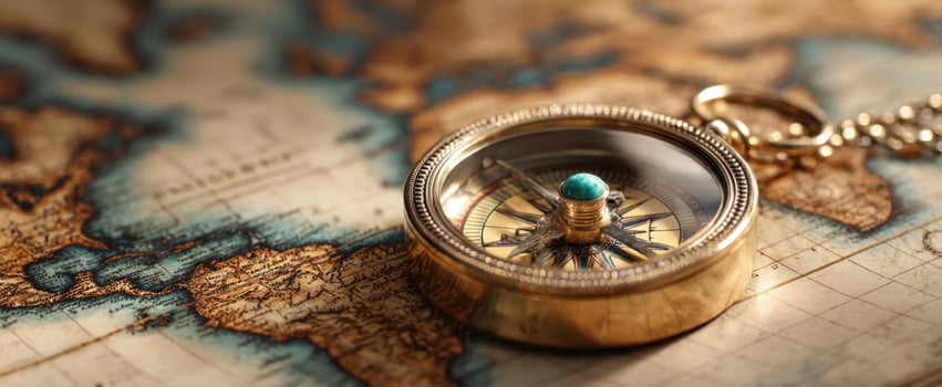 The vintage compass resting elegantly on an antique world map. photo