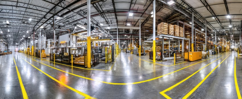 The expansive interior of a modern manufacturing warehouse with organized inventory. photo