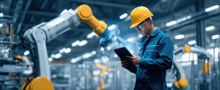 The engineer using a tablet in an automated manufacturing environment. photo