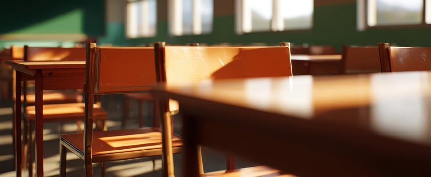 The classroom with empty wooden chairs and tables bathed in sunlight. photo
