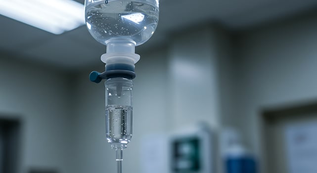 Medical Iv Fluid Drip Bag in Hospital Setting with Clear Liquid and Bubble Details photo