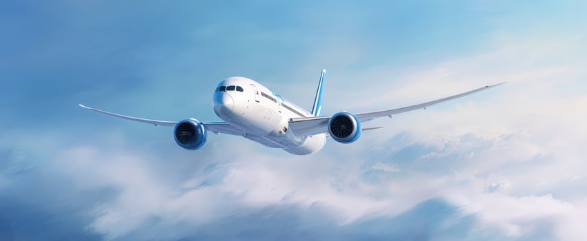 The airplane soaring gracefully through the clouds in a bright blue sky. photo