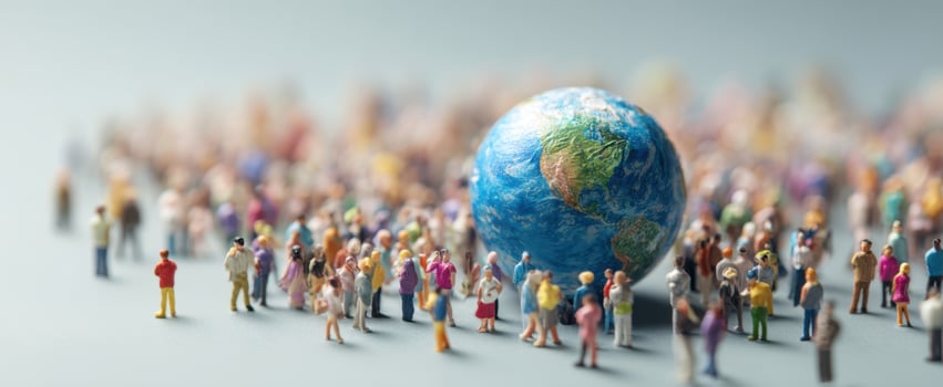 The miniature world surrounded by a diverse crowd of people. photo
