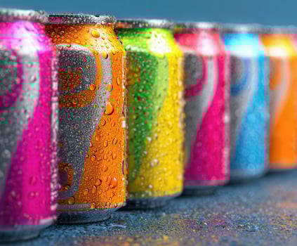 Colorful row of wet soda cans glistening under bright lighting in vibrant hues photo