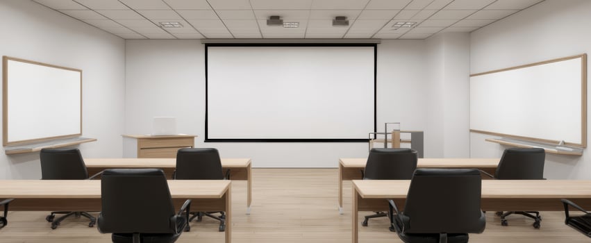 The modern classroom featuring flexible seating and large projection screen. photo