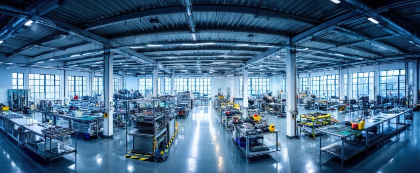 The expansive industrial workspace filled with advanced machinery and organized stations. photo