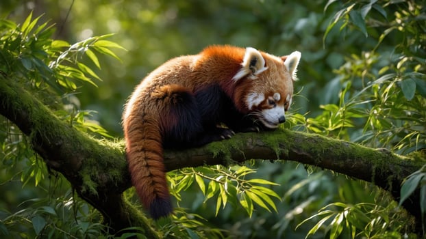 A red panda resting peacefully on a moss-covered branch amidst lush green foliage in a serene forest photo