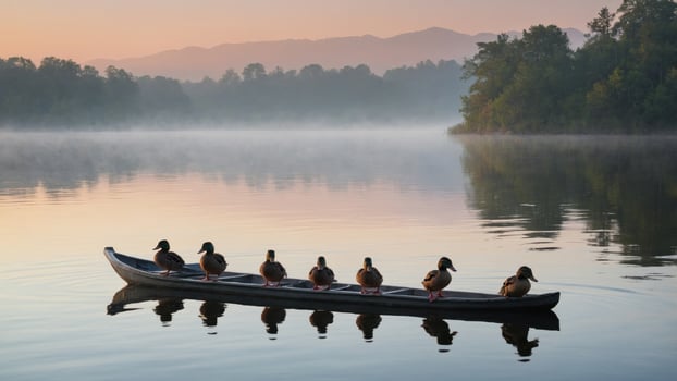 Serene morning scene with ducks on a calm lake, mist rising, mountains in the background photo