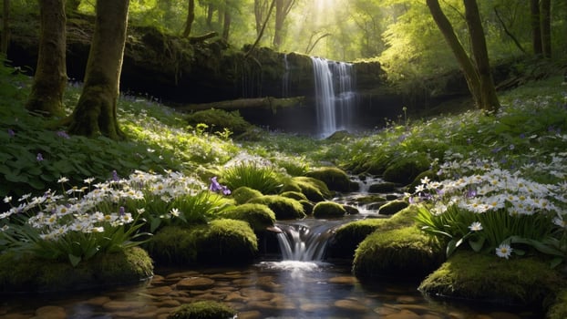 Serene waterfall cascading through lush greenery, surrounded by blooming flowers in a tranquil forest photo