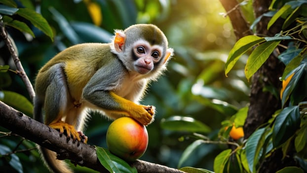 A curious monkey perched on a branch holds a ripe mango while surrounded by lush green foliage photo
