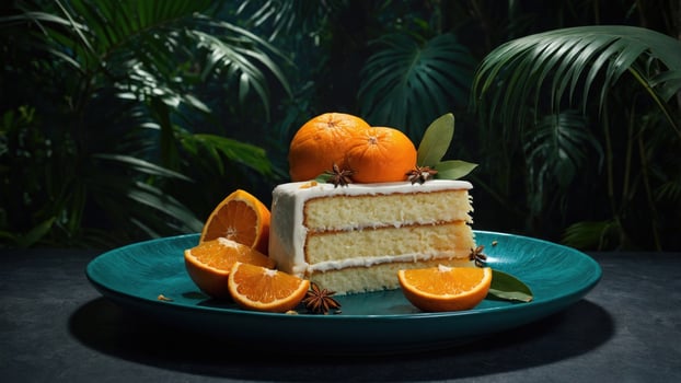 A beautifully arranged slice of cake with oranges on a vibrant green plate surrounded by lush foliage photo