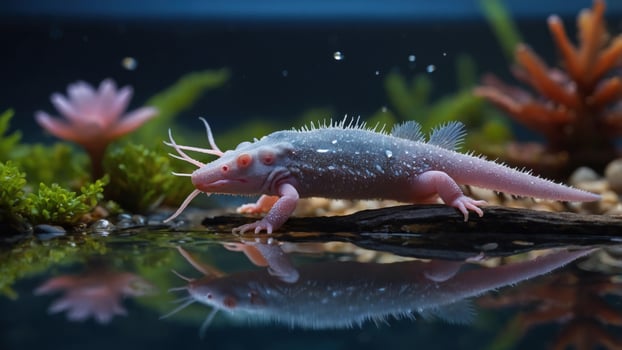 Pink aquatic creature exploring a tranquil underwater environment with colorful plants and reflections photo