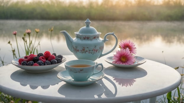 Serene tea setting by the water with fresh berries, flowers, and a teapot at sunrise photo