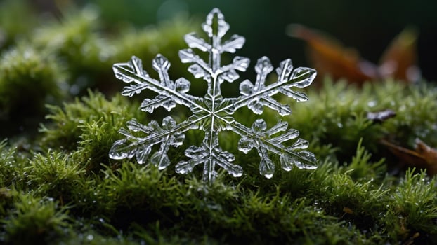Intricate snowflake resting on vibrant green moss, capturing the beauty of winter nature photo