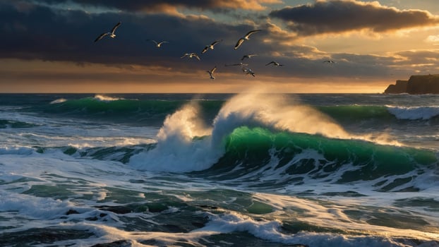 Dramatic sunset over turbulent ocean waves with seagulls flying in the background photo