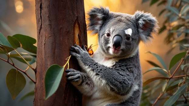 A koala clings to a eucalyptus tree during sunset, surrounded by a serene natural landscape photo