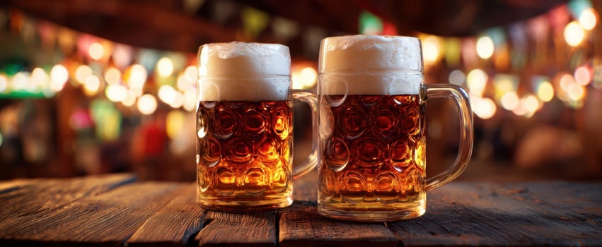 The golden beer mugs glistening under festive lights in a cozy setting. photo