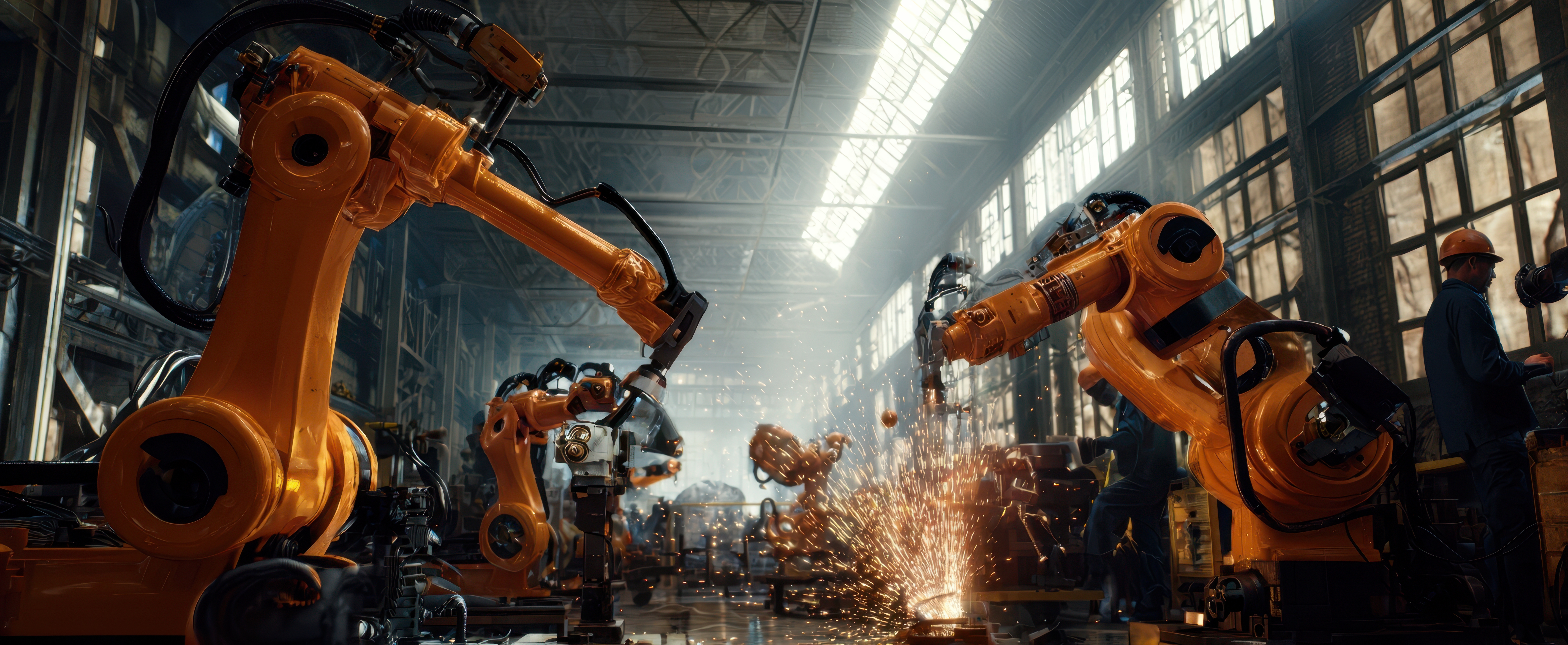 The advanced robotic arms working in a modern industrial factory environment. photo