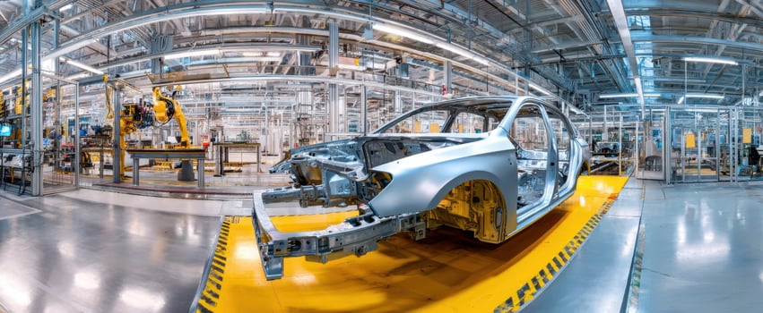 The sleek automotive frame within a high-tech manufacturing facility. photo