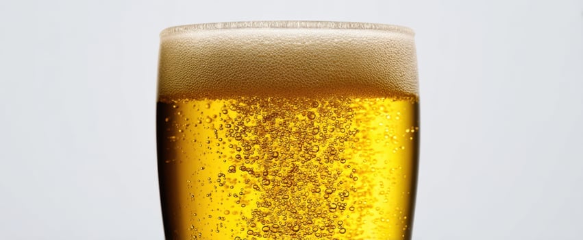 The glass of golden beer with bubbles and creamy foam photo