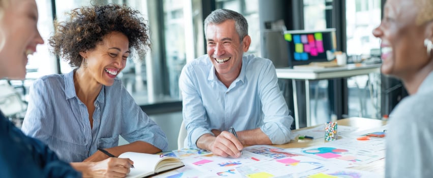 The vibrant teamwork atmosphere of a diverse group brainstorming ideas together. photo