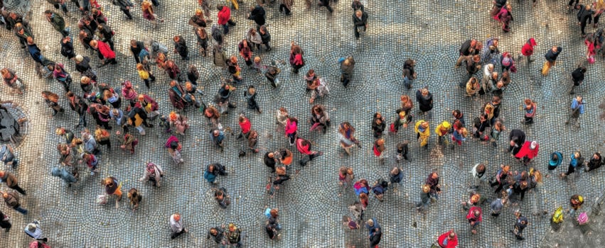 The bustling crowd of people gathering in an urban cityscape from above. photo