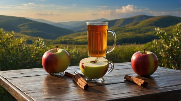 Refreshing apple beverage on a wooden table surrounded by fresh apples and cinnamon sticks in nature photo