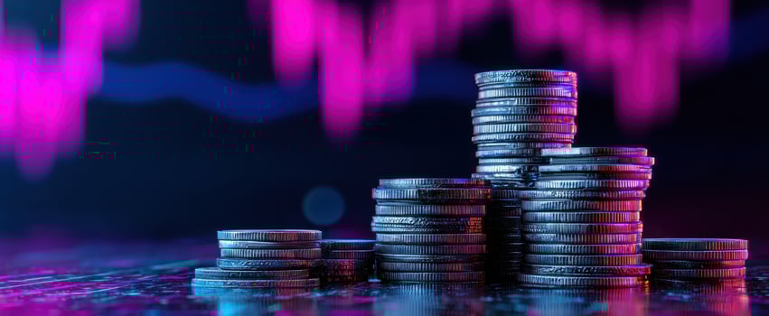 The stack of coins representing investment growth in a digital finance environment. photo
