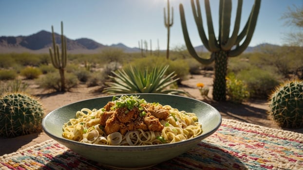 A vibrant bowl of pasta topped with chicken, set against a desert landscape with cacti photo