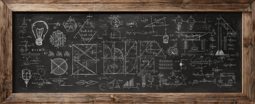 The chalkboard filled with intricate scientific drawings and mathematical equations. photo