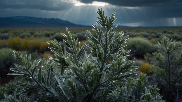 Lush green plant in a dramatic landscape with dark clouds and rays of sunlight breaking through photo
