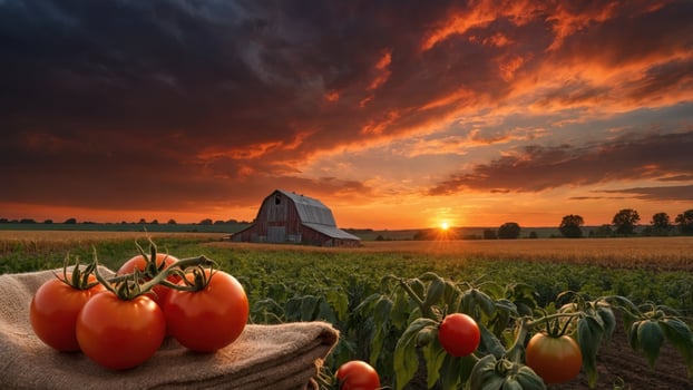 Sunset over a tomato field with a rustic barn in the background, showcasing a harvest scene photo