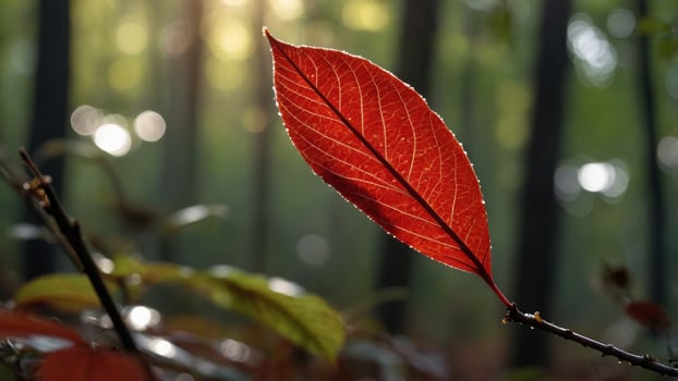 Vibrant red leaf hanging delicately on a branch in a serene forest during autumn, with sunlight filtering through photo