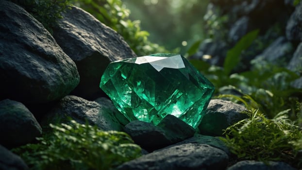 A large, glimmering emerald gemstone resting among lush green foliage and rocky terrain in a serene forest photo