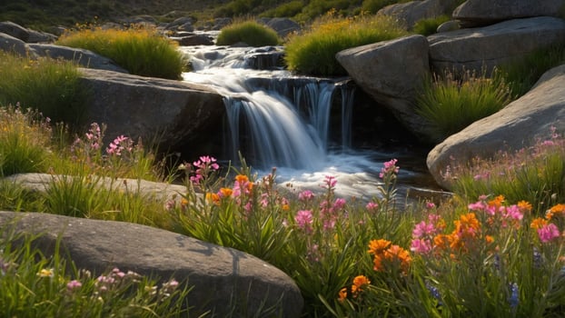 Serene waterfall cascading over rocks surrounded by vibrant wildflowers in a tranquil landscape photo