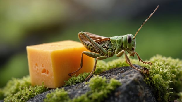 Close-up of a grasshopper perched on a mossy rock next to a piece of cheese in a natural setting photo
