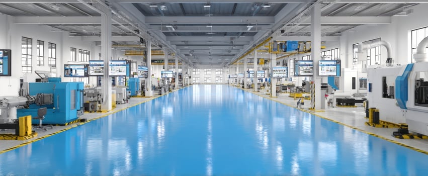 The modern industrial workshop featuring advanced machinery and blue flooring. photo