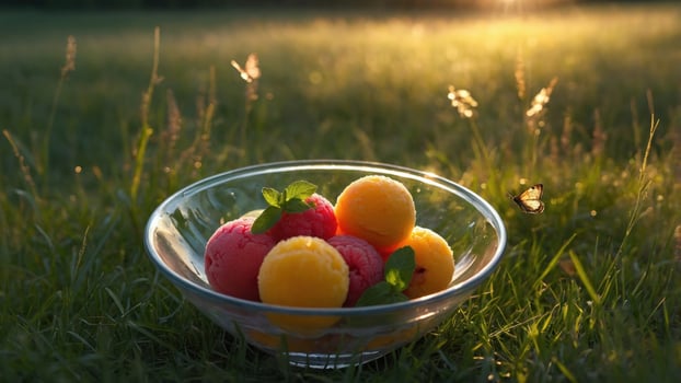 Colorful sorbet scoops in a glass bowl on green grass during sunset, evoking summer vibes photo