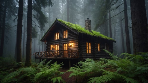 Cozy wooden cabin surrounded by lush ferns in a misty forest, evoking tranquility and nature's beauty photo