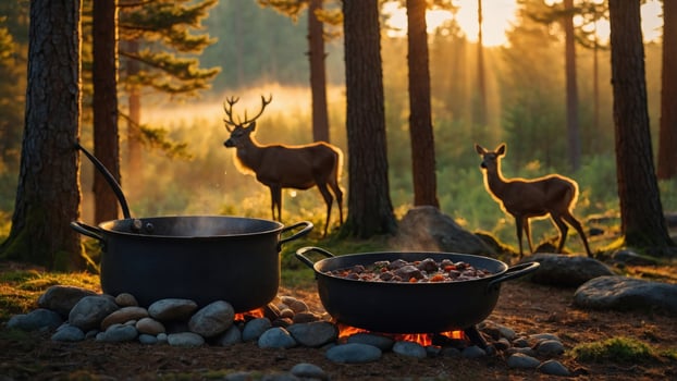 Serene forest scene with cooking pots and deer grazing at sunset, showcasing nature's tranquility photo