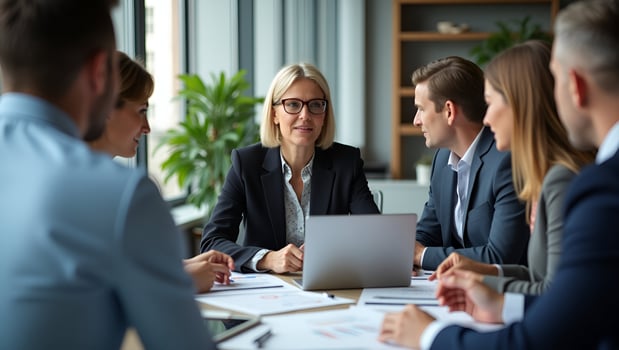 Flat Mature older CEO businesswoman mentor in glasses negotiating growth business plan with diverse executive managers at boardroom meeting table using laptop multicultural team co Act 7 photo