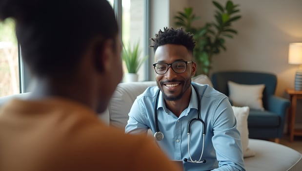 Flat Black male patient on call with female African doctor virtual therapist consulting young man during online appointment at home via laptop telehealth concept as Black ma Act photo