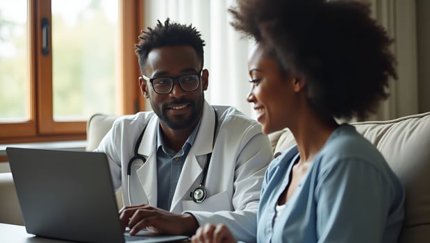 Flat Black male patient on call with female African doctor virtual therapist consulting young man during online appointment at home via laptop telehealth concept as Black ma Act 5 photo