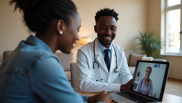 Flat Black male patient on call with female African doctor virtual therapist consulting young man during online appointment at home via laptop telehealth concept as Black ma Act 7 photo