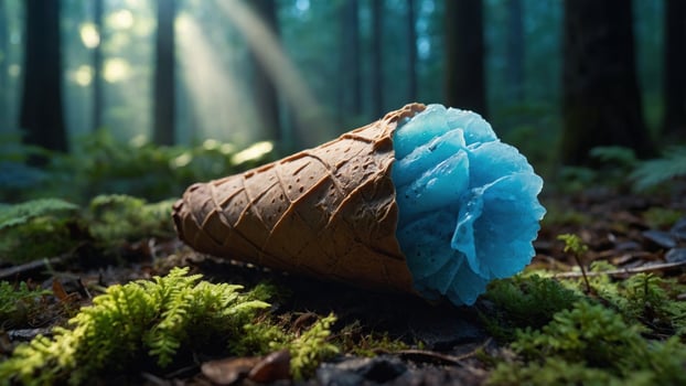 A whimsical ice cream cone made of blue flowers lies on the forest floor, surrounded by lush greenery photo