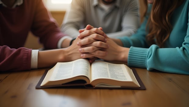 Christian family group holding hands and praying together worshiping with Bible on wooden table symbolizing belief and devotional prayer meeting concept concept as Christian family Act 3 photo
